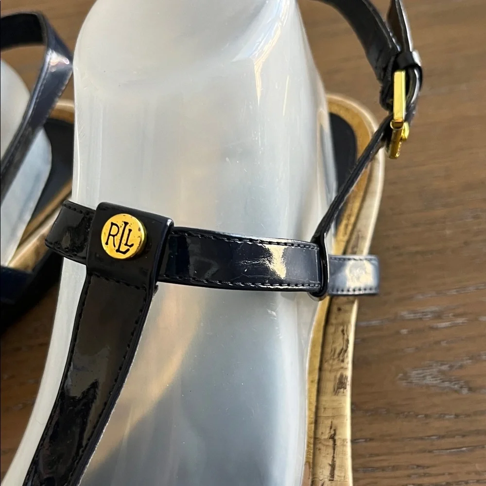 Ralph Lauren Kya‎ Blue and Tan T-Strap Sandals